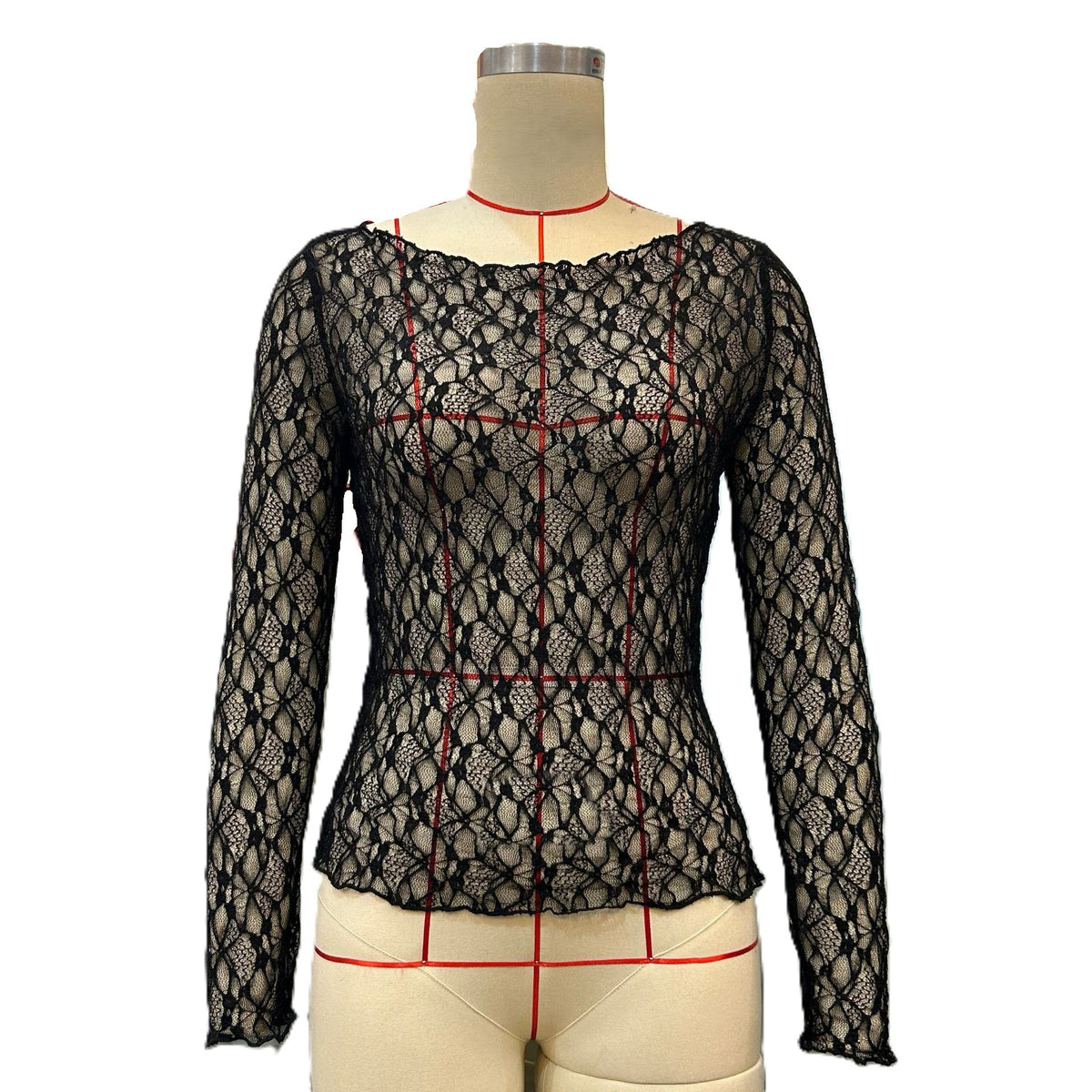 Sheer Lace Boat Neck Long Sleeve Top - Black