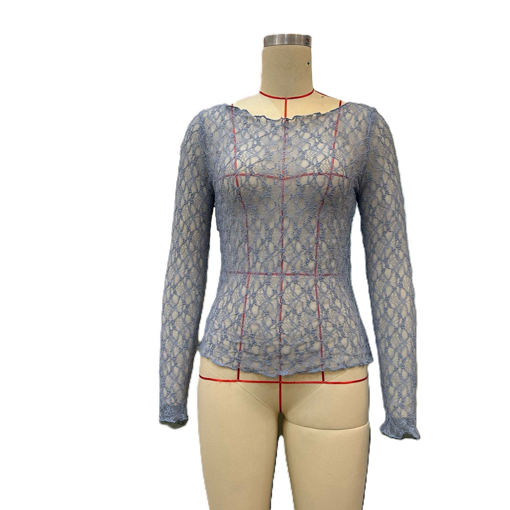 Sheer Lace Boat Neck Long Sleeve Top - Blue - 1