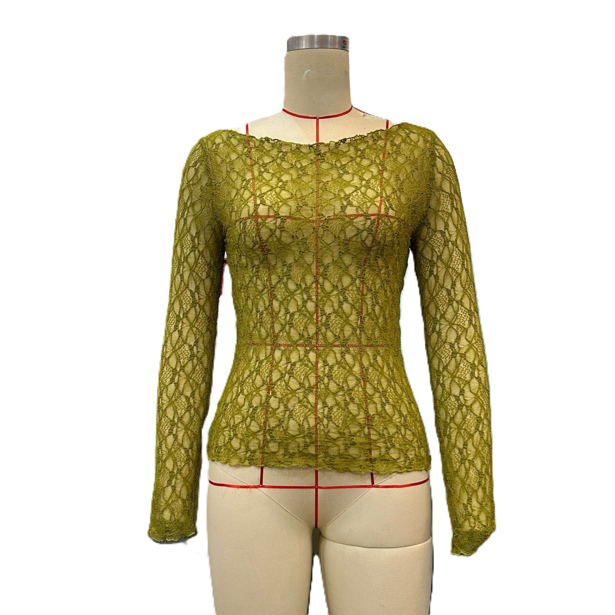 Sheer Lace Boat Neck Long Sleeve Top - Green