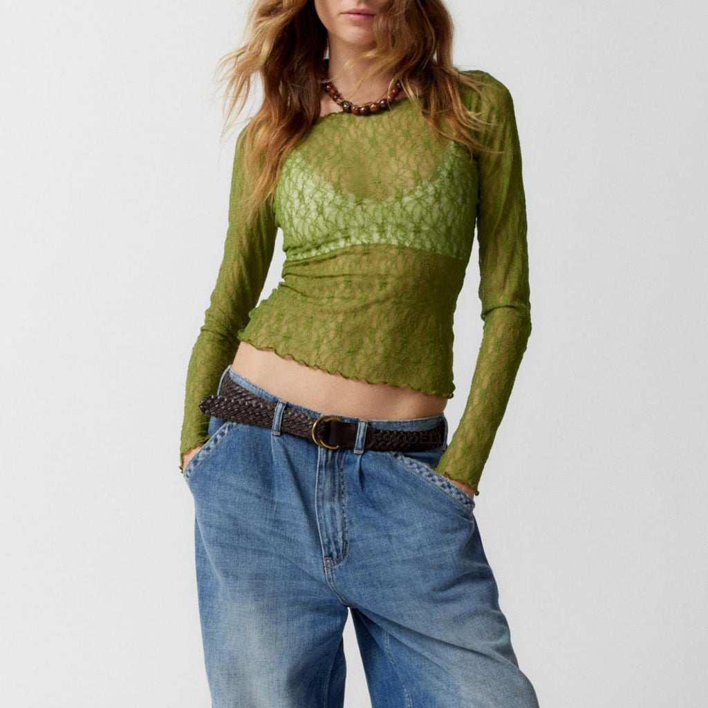 Sheer Lace Boat Neck Long Sleeve Top - Green - 1