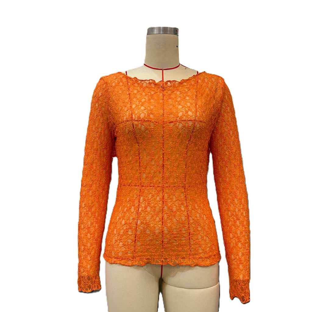 Sheer Lace Boat Neck Long Sleeve Top - Orange