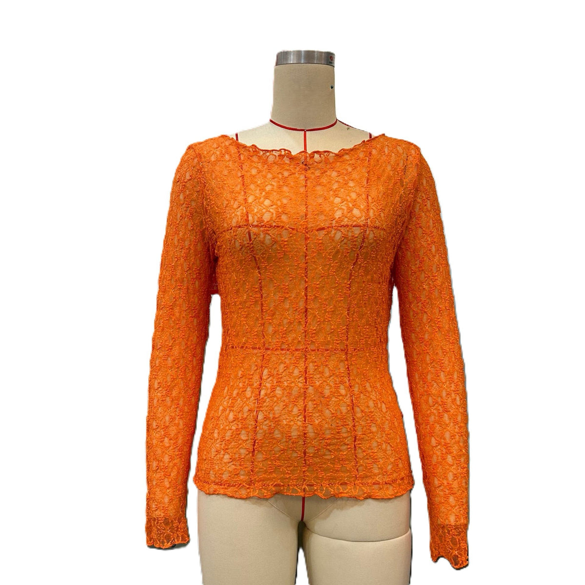 Sheer Lace Boat Neck Long Sleeve Top - Orange