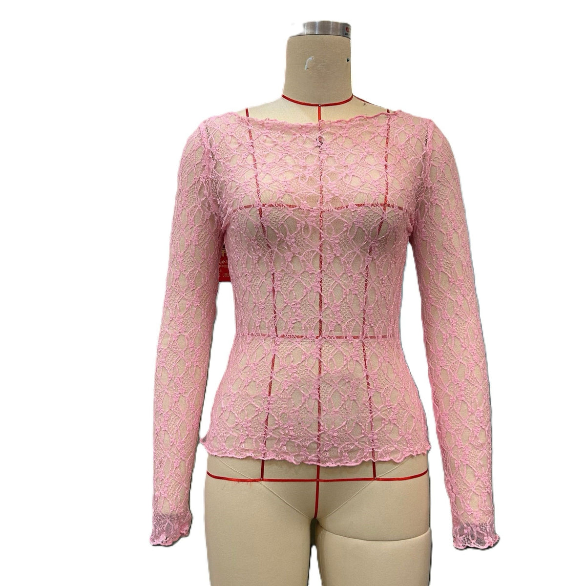 Sheer Lace Boat Neck Long Sleeve Top - Pink