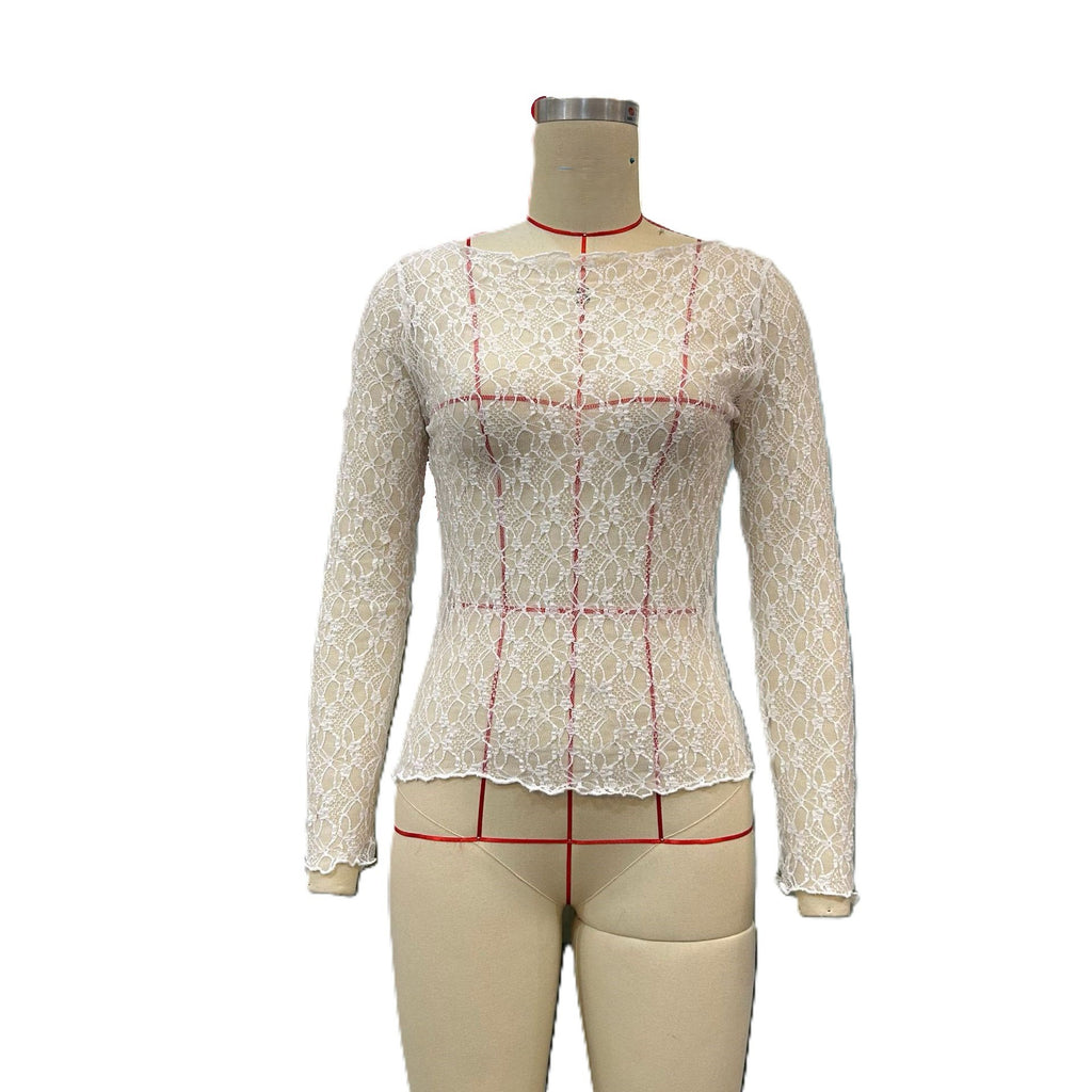 Sheer Lace Boat Neck Long Sleeve Top - White