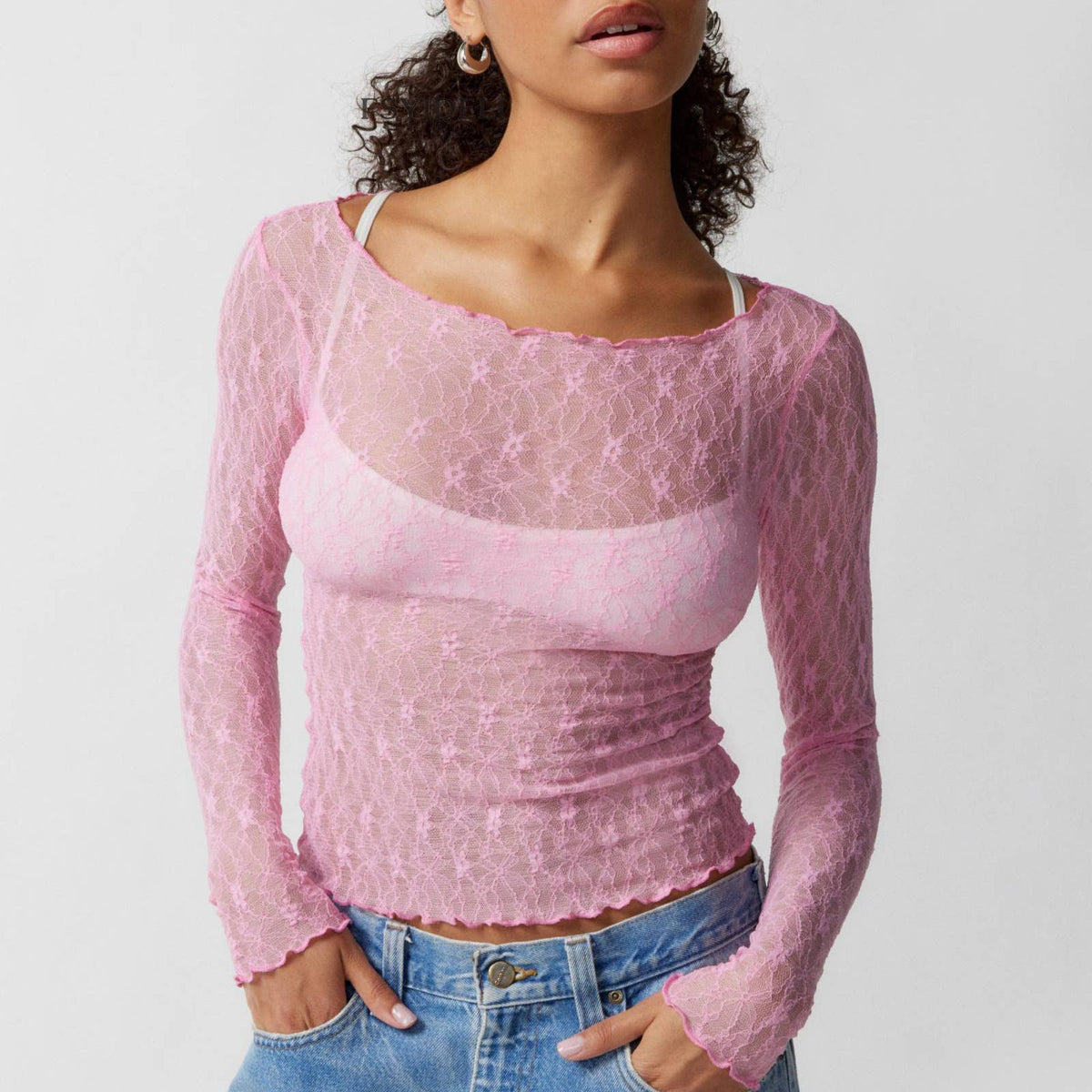 Sheer Lace Boat Neck Long Sleeve Top