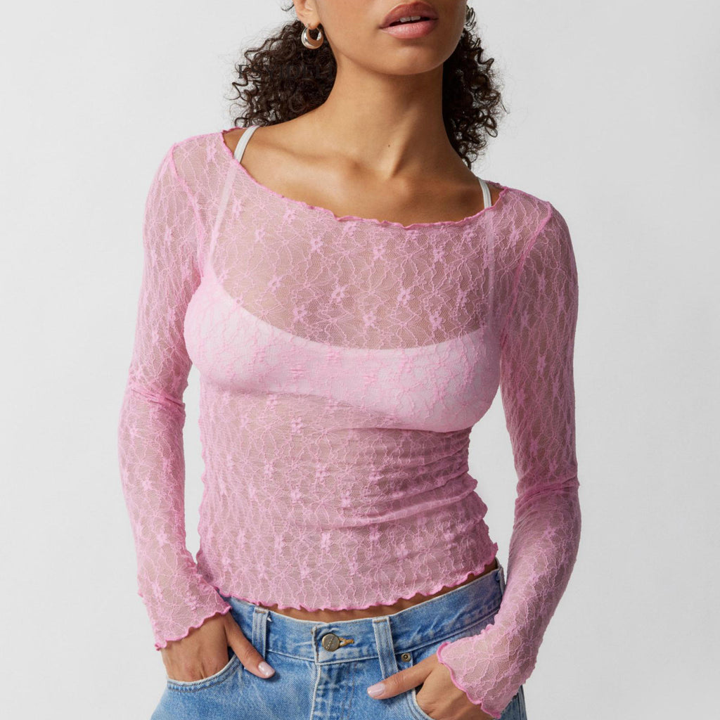 Sheer Lace Boat Neck Long Sleeve Top - view 1