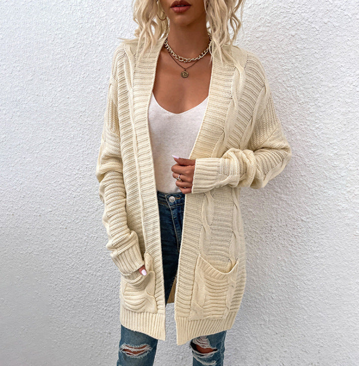 Cable Twist Open Front Longline Cardigan - Apricot