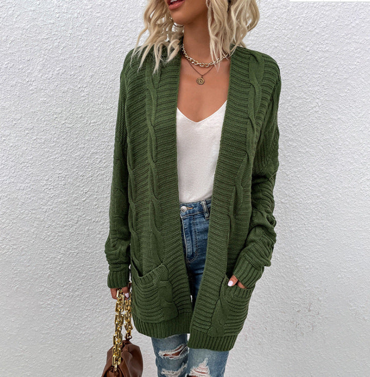 Cable Twist Open Front Longline Cardigan - Green