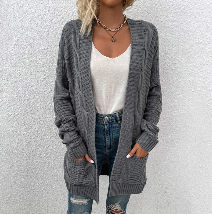 Cable Twist Open Front Longline Cardigan - Grey