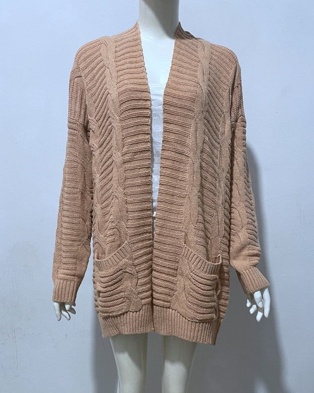 Cable Twist Open Front Longline Cardigan - Khaki