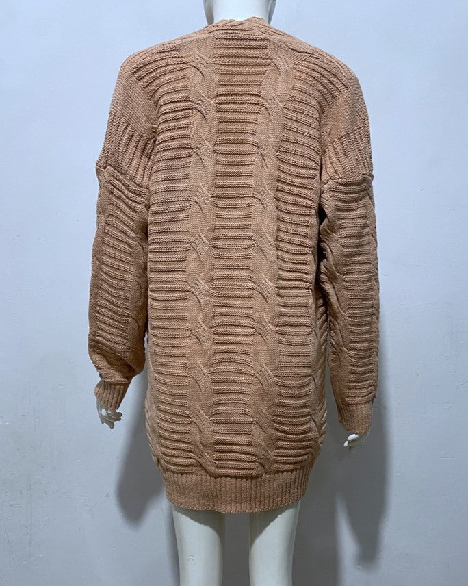 Cable Twist Open Front Longline Cardigan - Khaki - 1