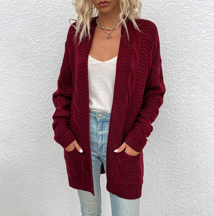 Cable Twist Open Front Longline Cardigan - WineRed