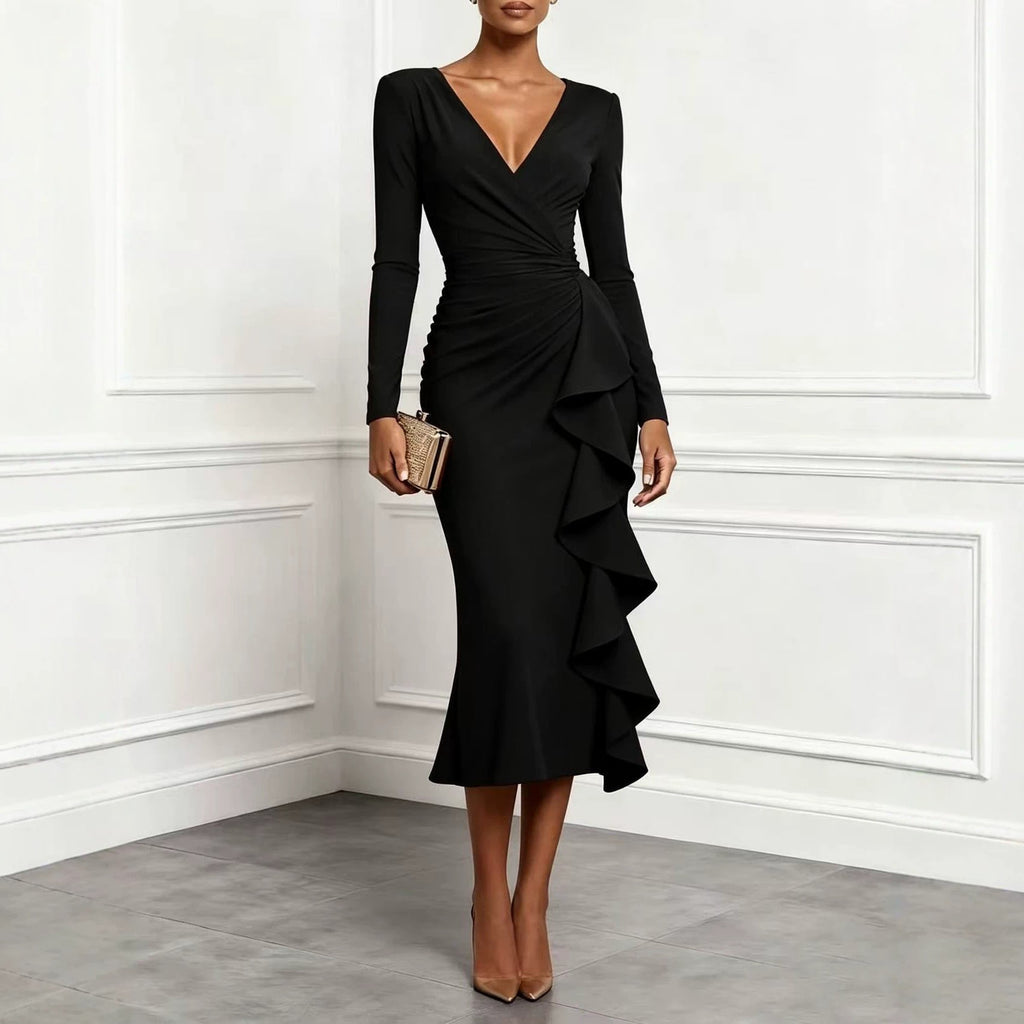 Ruched Wrap V Neck Cascade Ruffle Midi Dress - Black