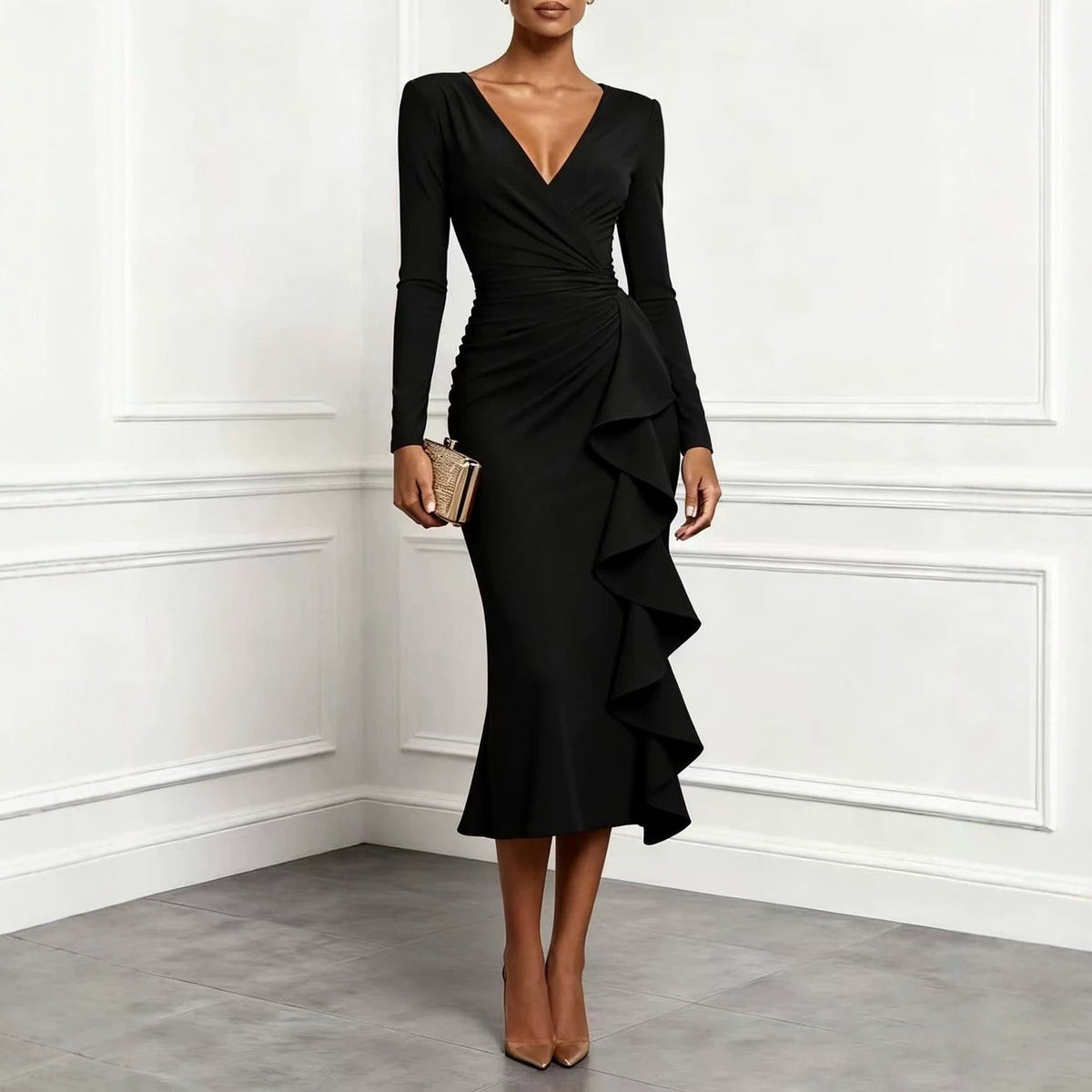 Ruched Wrap V Neck Cascade Ruffle Midi Dress - Black