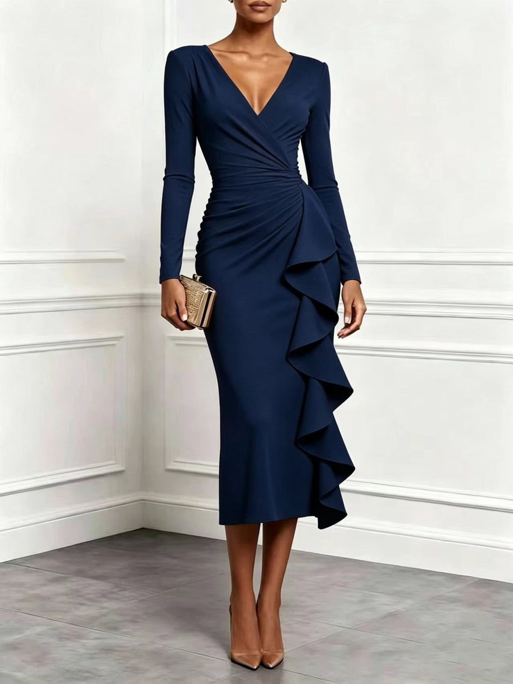 Ruched Wrap V Neck Cascade Ruffle Midi Dress - Navy