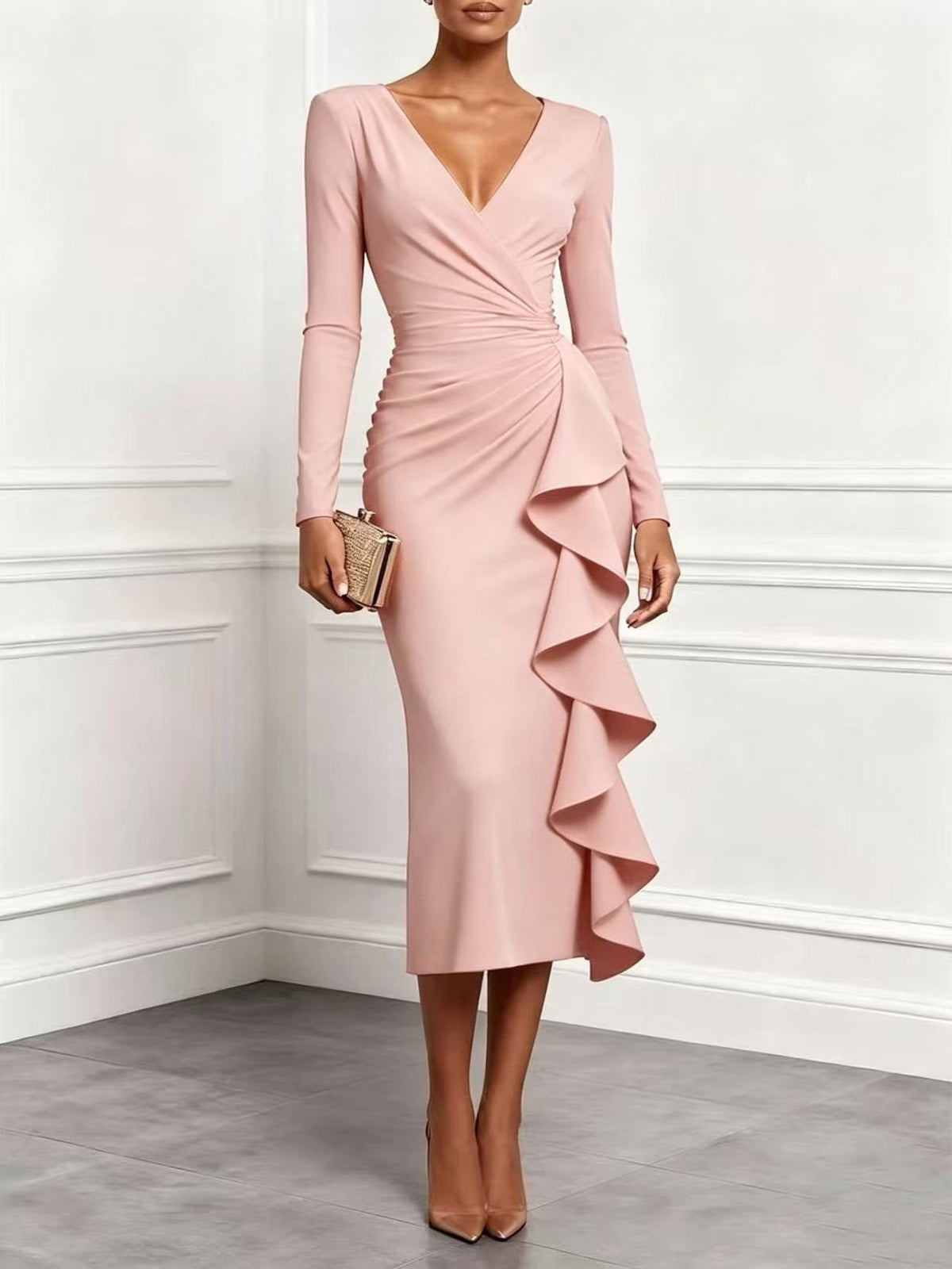 Ruched Wrap V Neck Cascade Ruffle Midi Dress - Pink