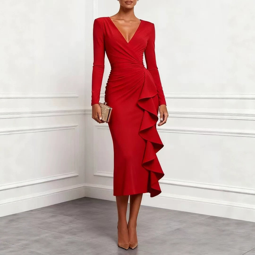 Ruched Wrap V Neck Cascade Ruffle Midi Dress - Red