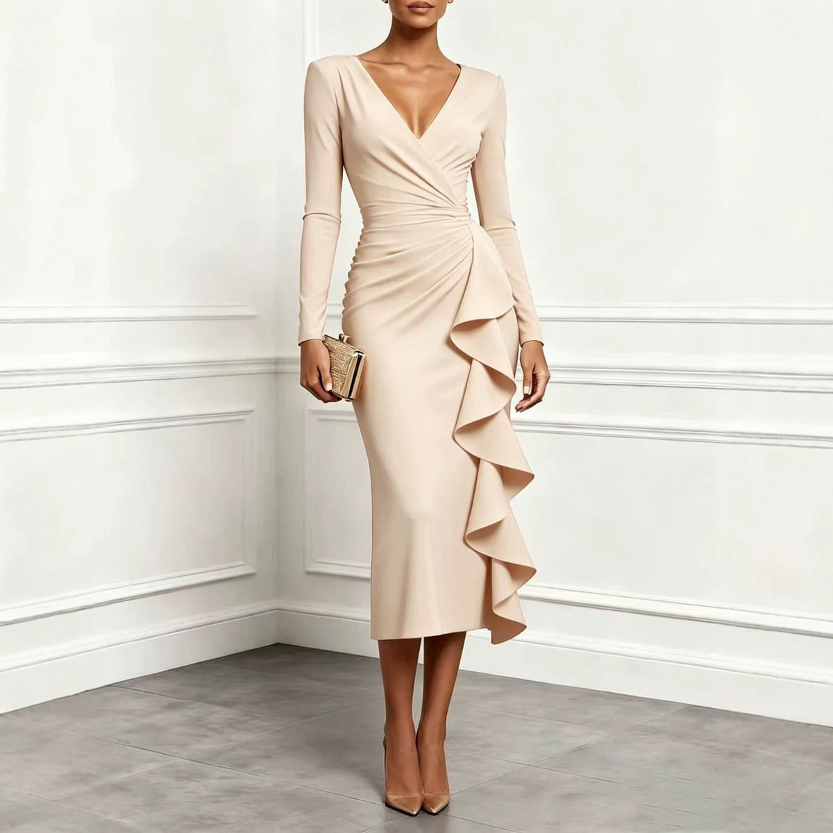 Ruched Wrap V Neck Cascade Ruffle Midi Dress