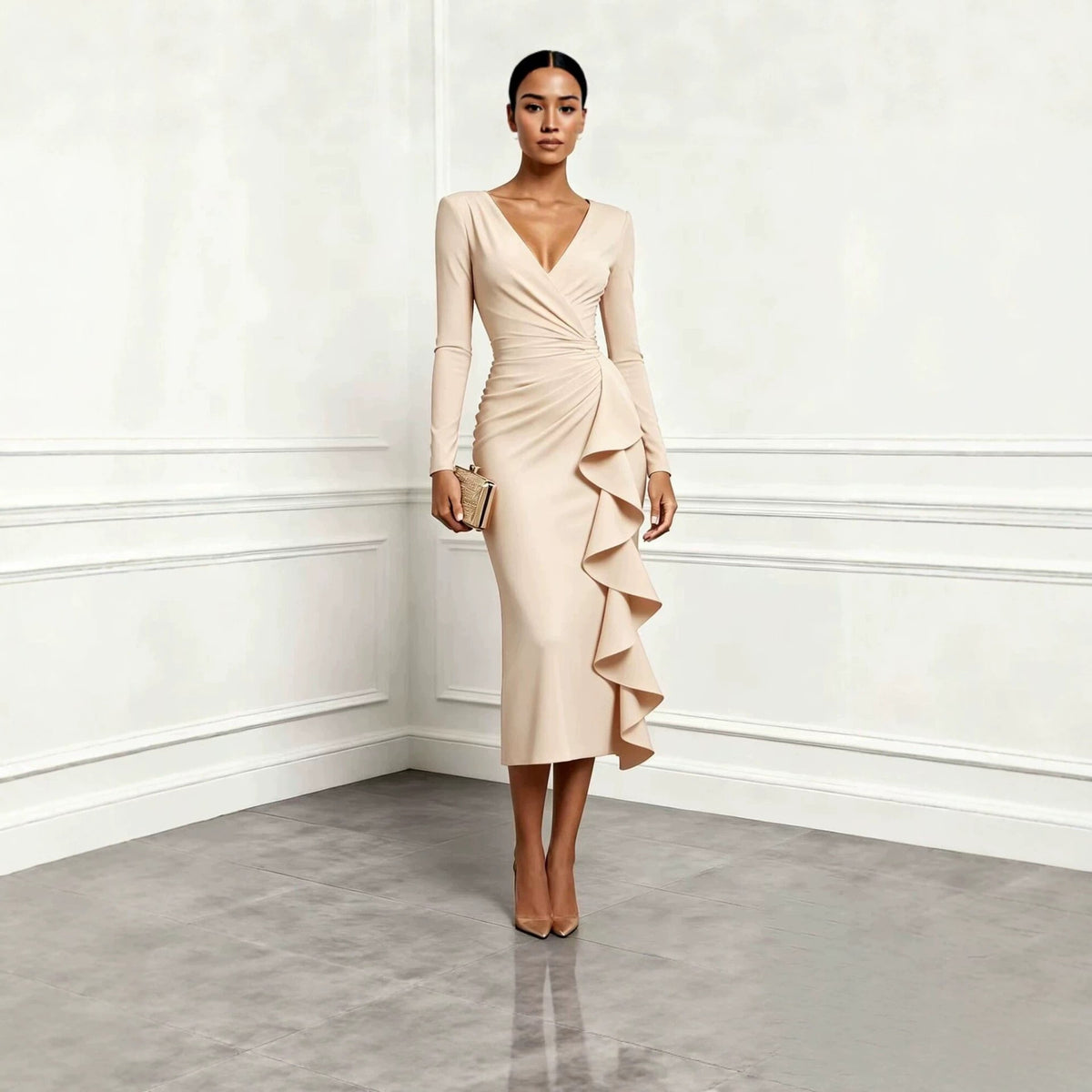 Ruched Wrap V Neck Cascade Ruffle Midi Dress