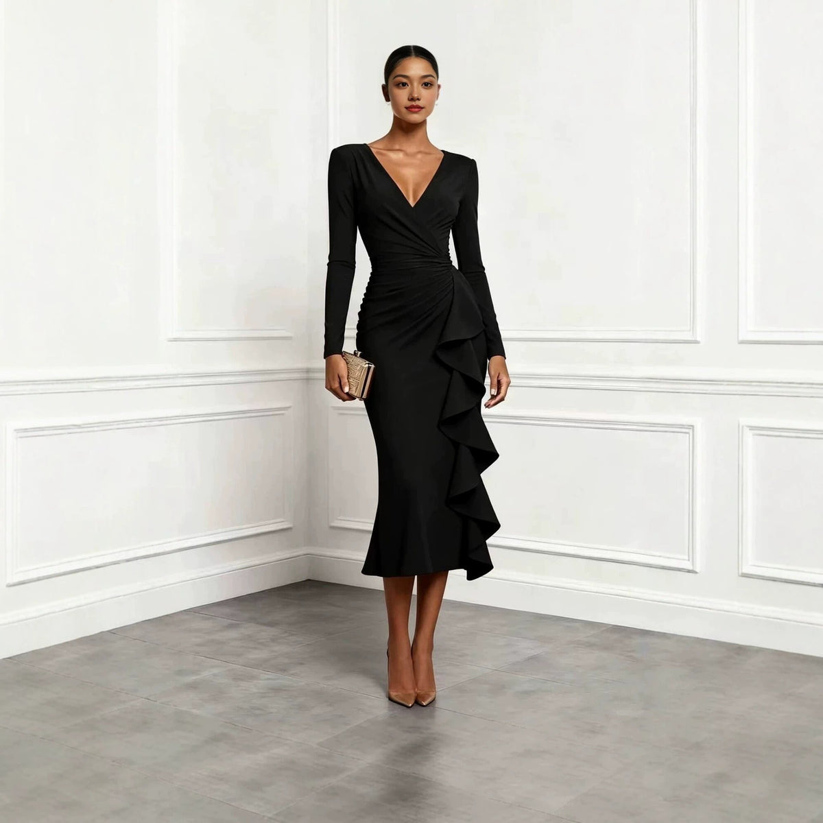 Ruched Wrap V Neck Cascade Ruffle Midi Dress