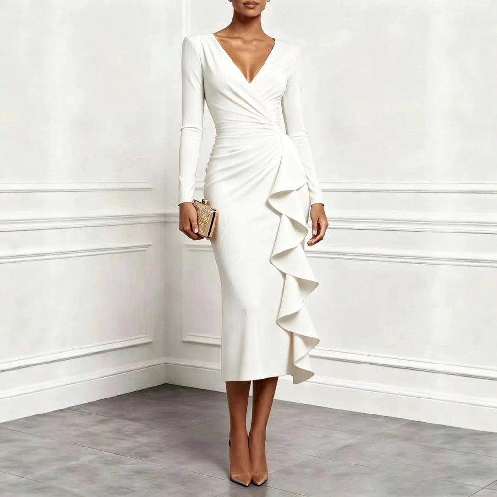 Ruched Wrap V Neck Cascade Ruffle Midi Dress