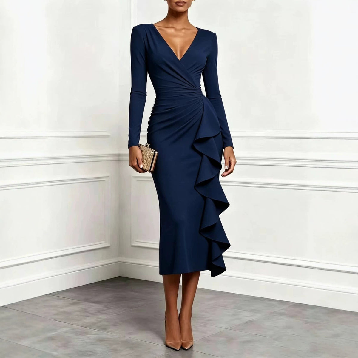 Ruched Wrap V Neck Cascade Ruffle Midi Dress