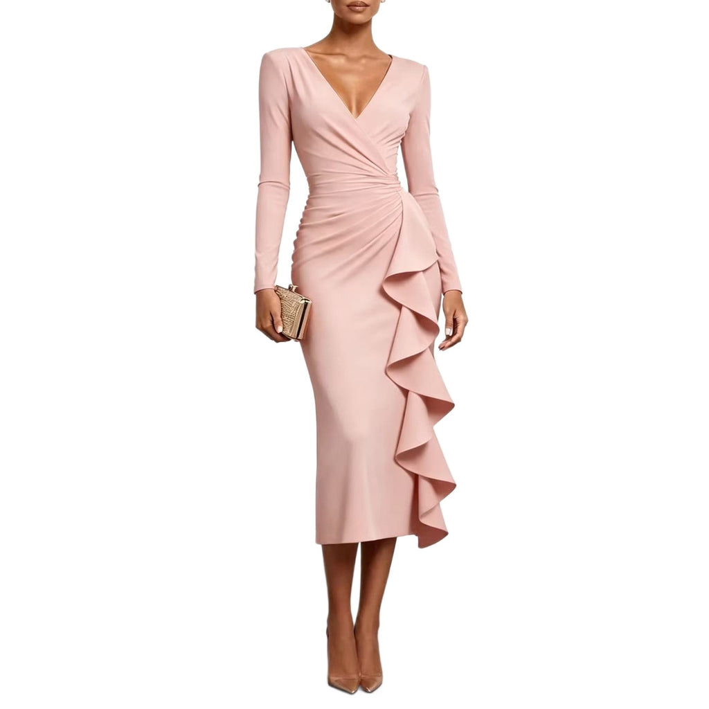 Ruched Wrap V Neck Cascade Ruffle Midi Dress