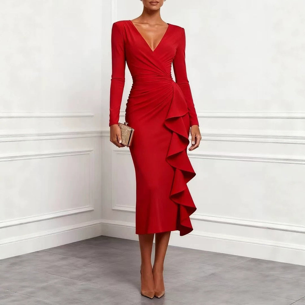 Ruched Wrap V Neck Cascade Ruffle Midi Dress