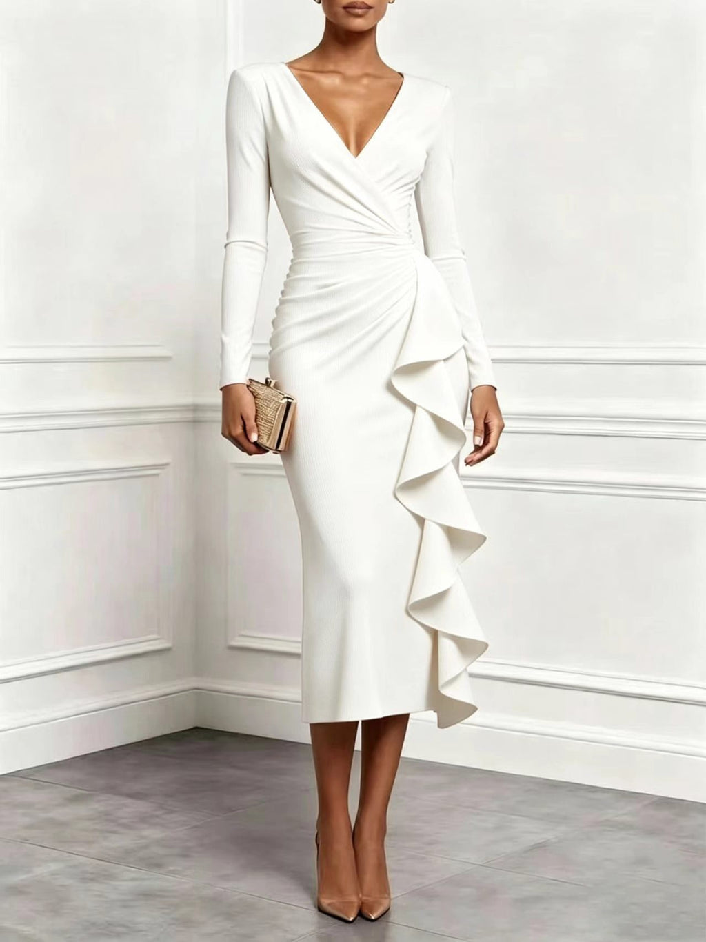 Ruched Wrap V Neck Cascade Ruffle Midi Dress