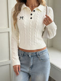 Cropped Cable Knit Polo Sweater With Bow - White