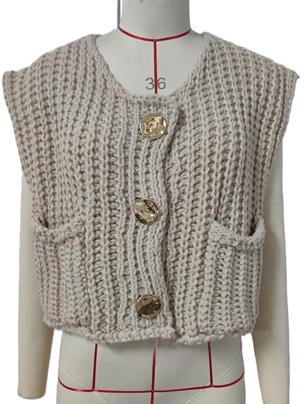 Cap Sleeve Chunky Knit Button Vest - Apricot
