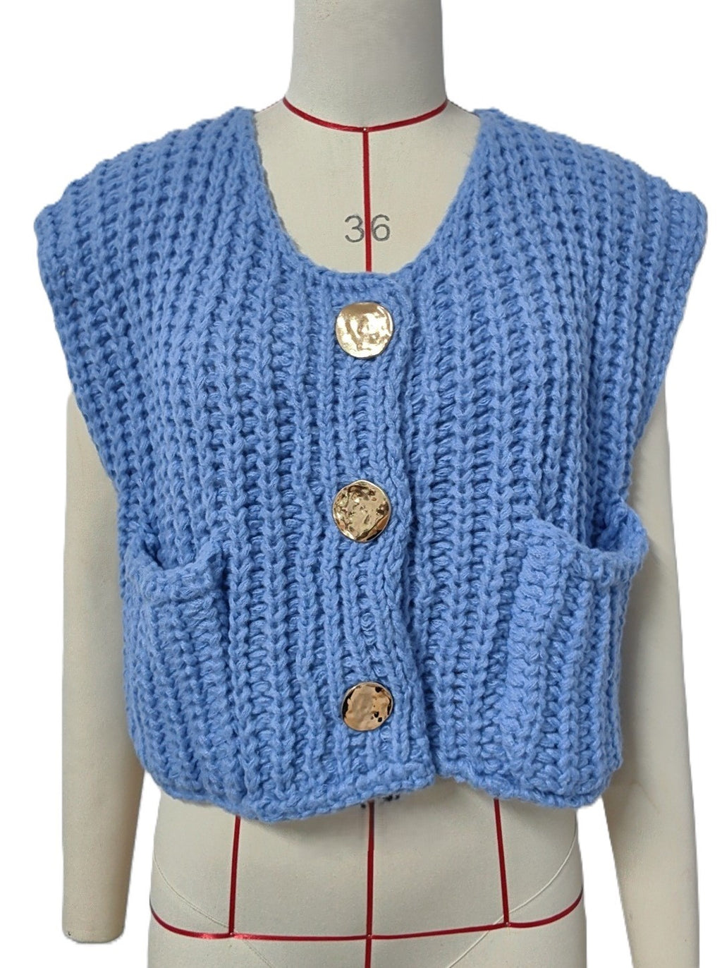 Cap Sleeve Chunky Knit Button Vest - Blue