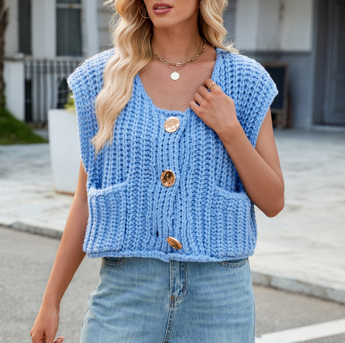 Cap Sleeve Chunky Knit Button Vest - Blue - 1