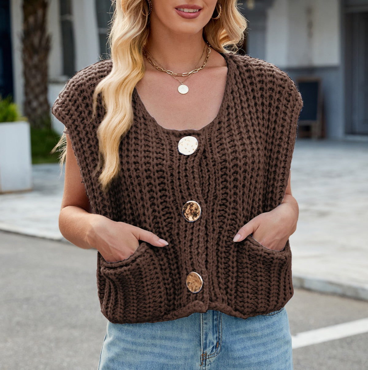 Cap Sleeve Chunky Knit Button Vest - Coffee