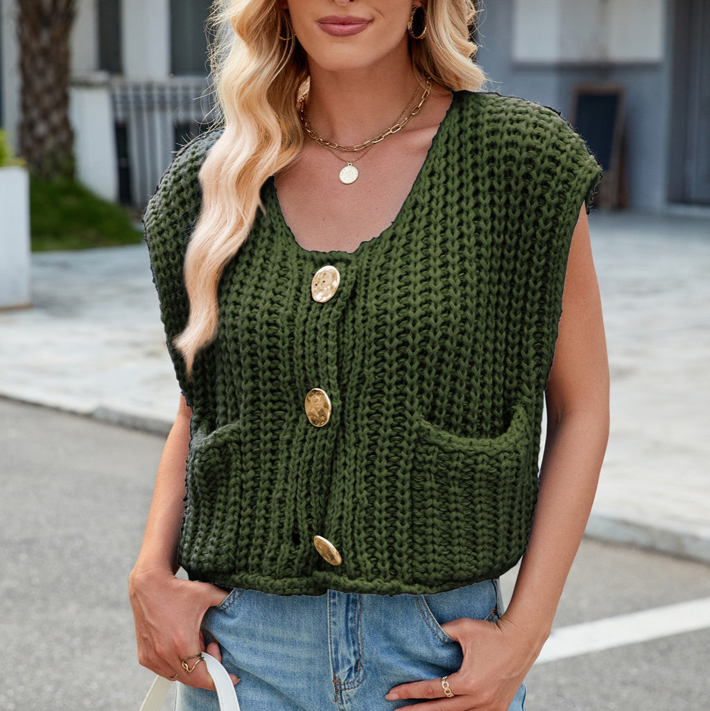 Cap Sleeve Chunky Knit Button Vest - DarkGreen