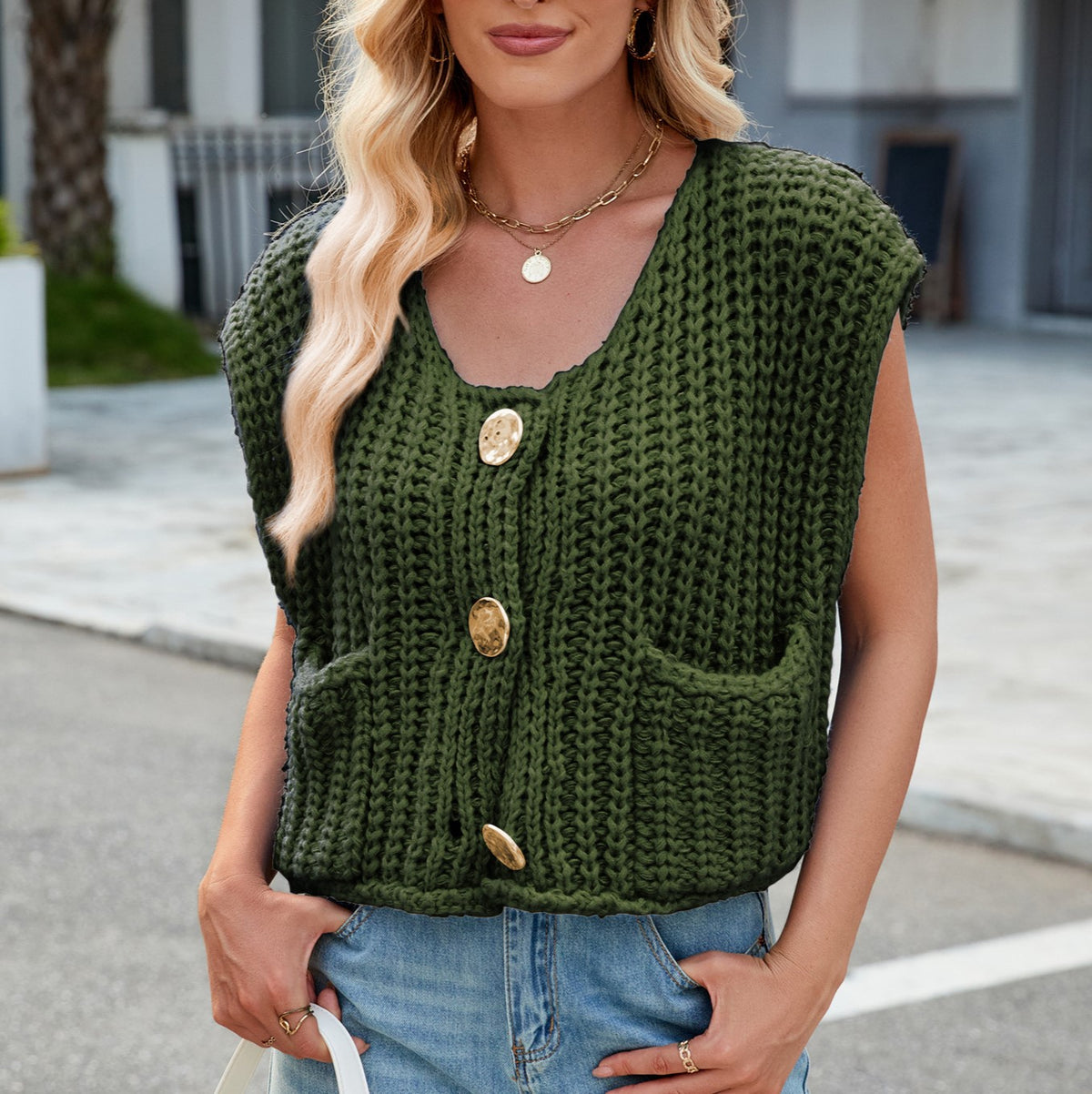 Cap Sleeve Chunky Knit Button Vest - DarkGreen