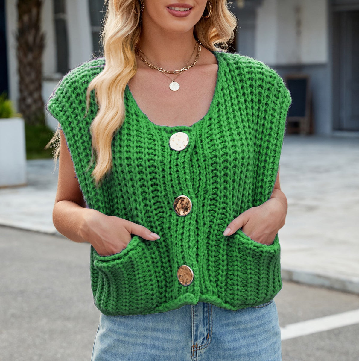 Cap Sleeve Chunky Knit Button Vest - Green