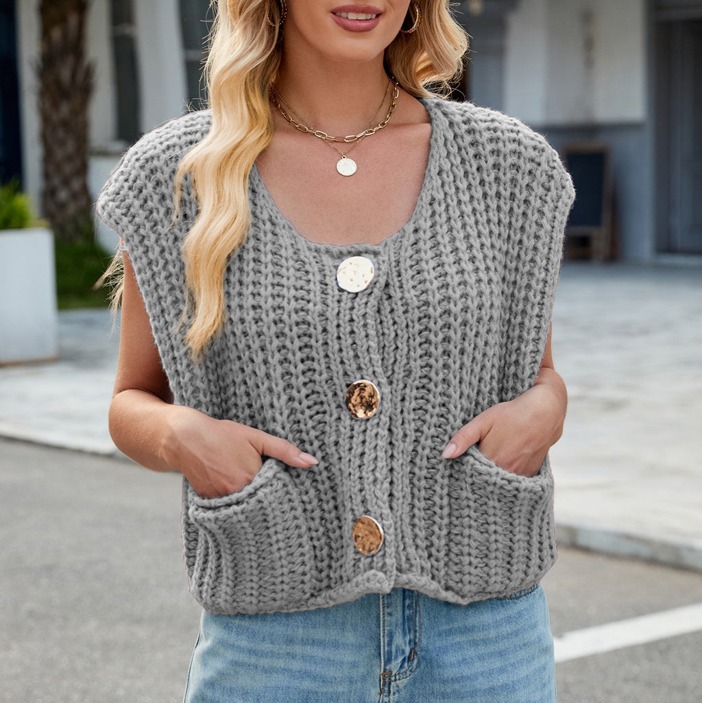 Cap Sleeve Chunky Knit Button Vest - Grey