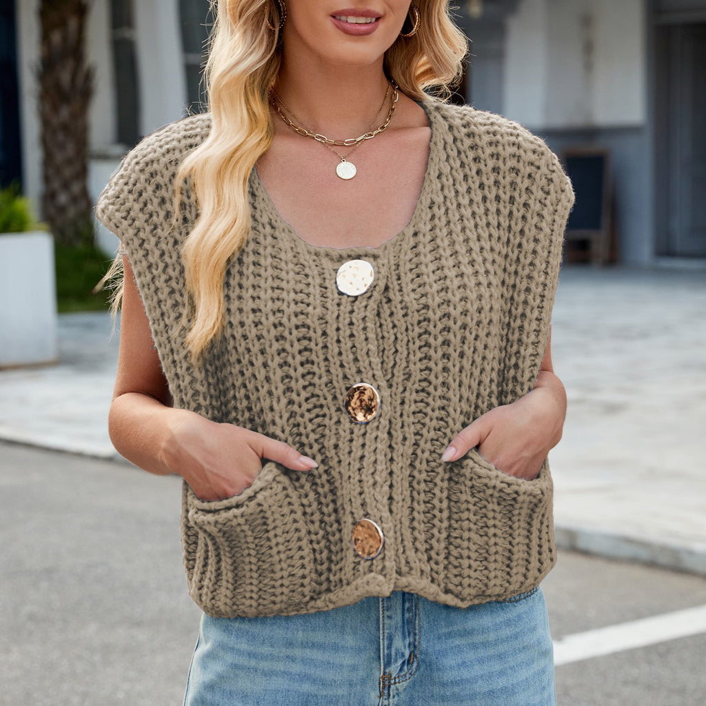 Cap Sleeve Chunky Knit Button Vest - Khaki