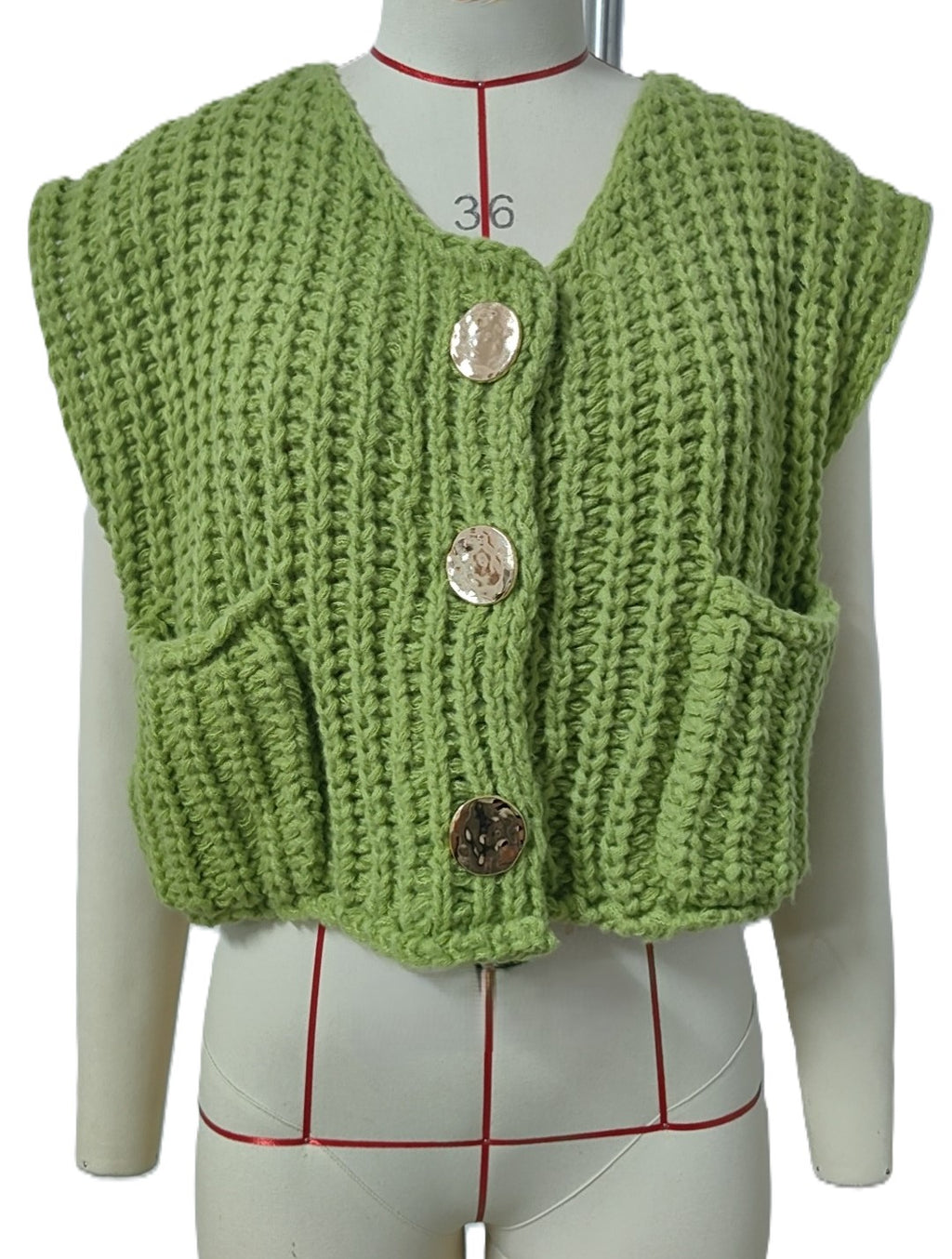Cap Sleeve Chunky Knit Button Vest - Lightgreen