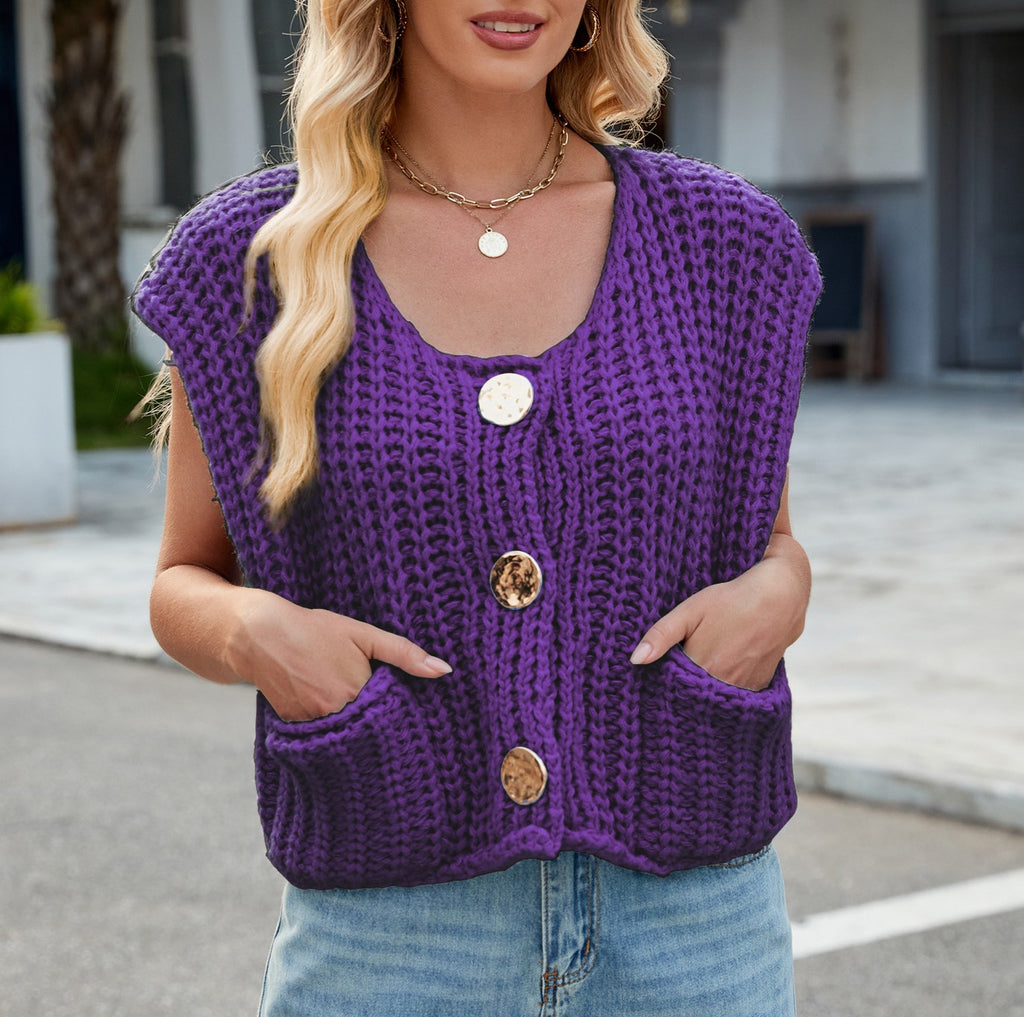 Cap Sleeve Chunky Knit Button Vest - Purple