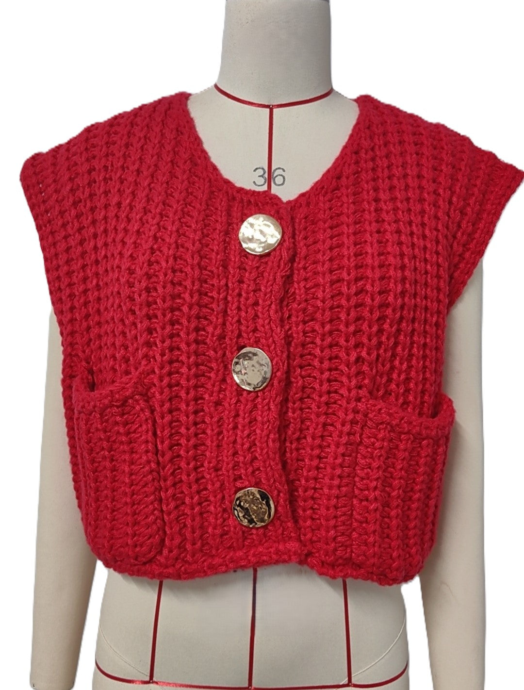 Cap Sleeve Chunky Knit Button Vest - Red