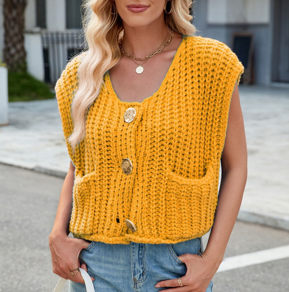 Cap Sleeve Chunky Knit Button Vest - Turmeric