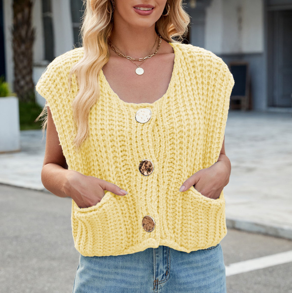 Cap Sleeve Chunky Knit Button Vest - Yellow