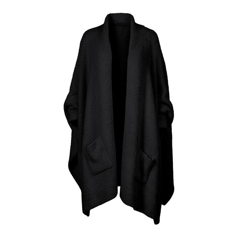 Fuzzy Knit Open Front Pocket Oversized Wrap Cardigan - Black
