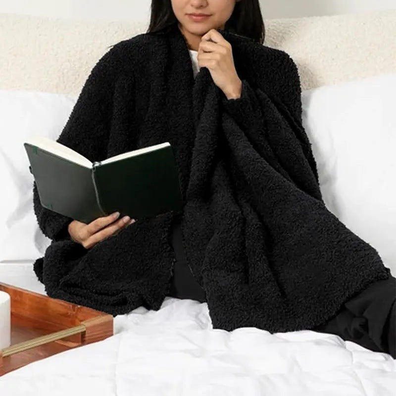 Fuzzy Knit Open Front Pocket Oversized Wrap Cardigan - Black - 1