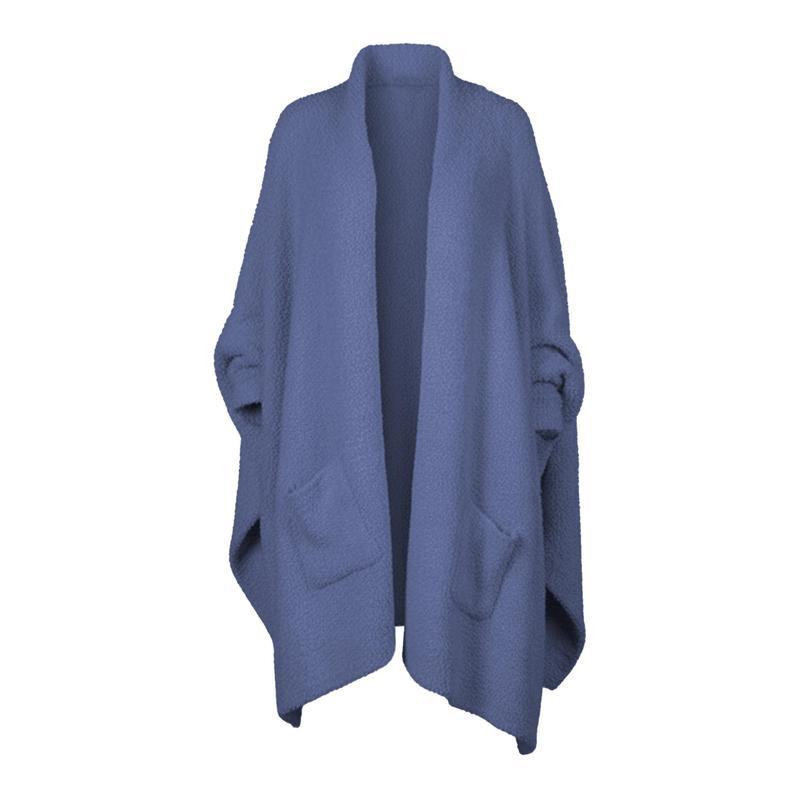 Fuzzy Knit Open Front Pocket Oversized Wrap Cardigan - Blue