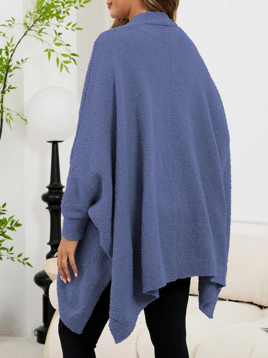Fuzzy Knit Open Front Pocket Oversized Wrap Cardigan - Blue - 1