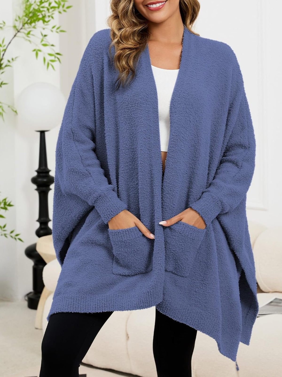 Fuzzy Knit Open Front Pocket Oversized Wrap Cardigan - Blue - 2