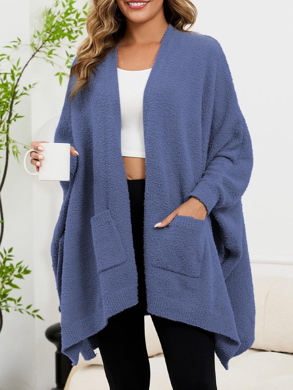 Fuzzy Knit Open Front Pocket Oversized Wrap Cardigan - Blue - 3